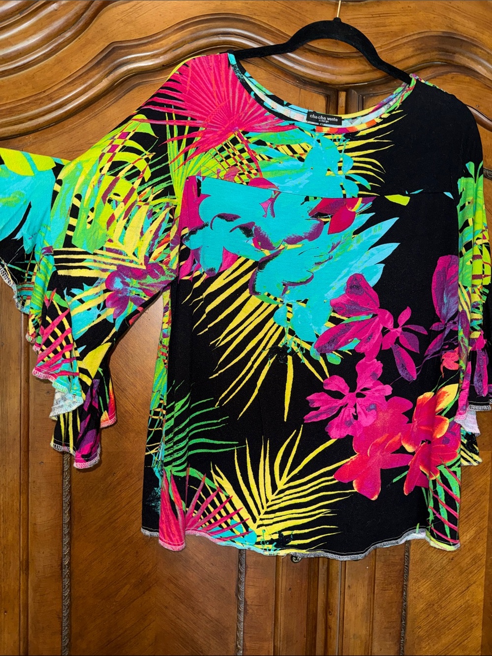 Michael Kors Black Tropical Floral Bell-Sleeve Blouse with Neon Accents